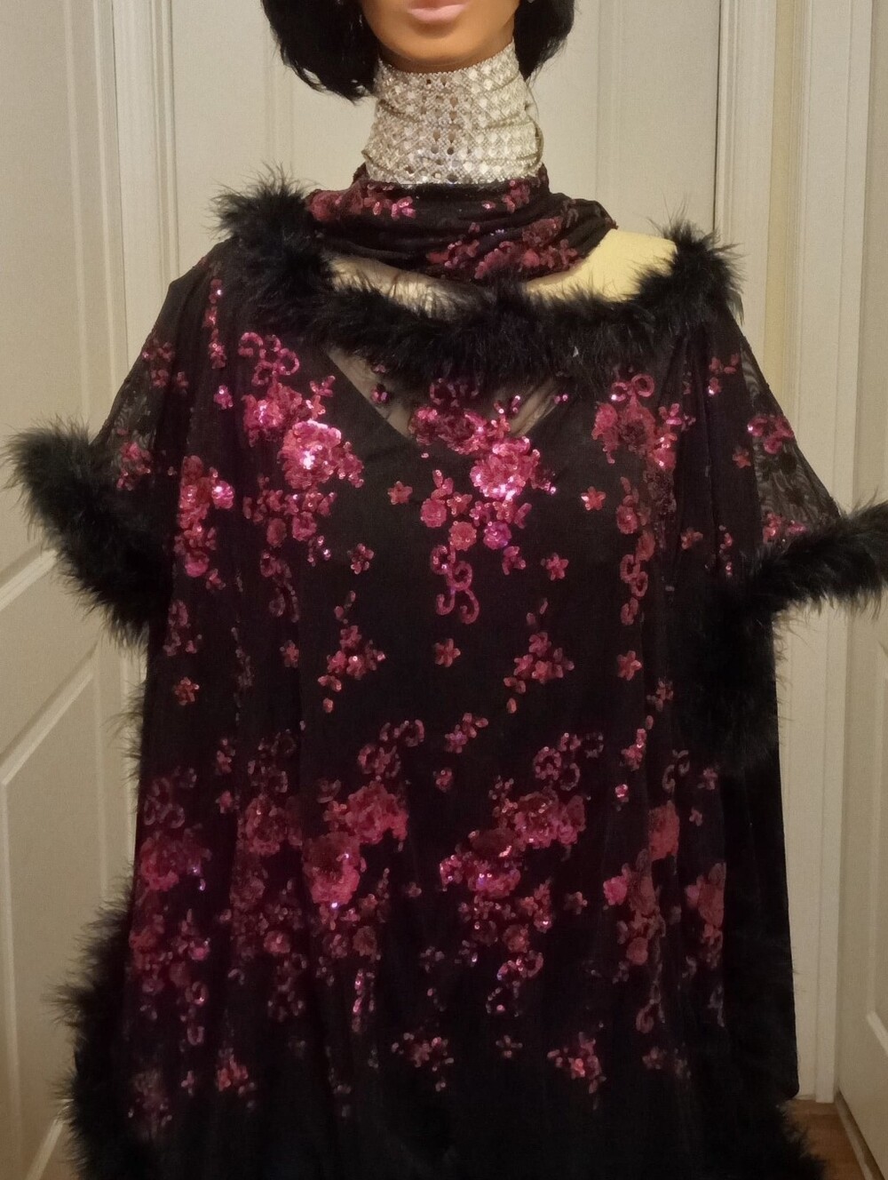 Black Cape with Pink Sequin Floral Detail and Feather Trim